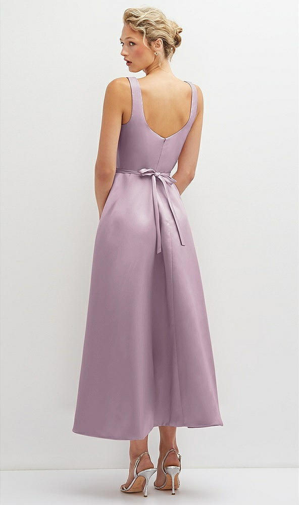 Back View - Suede Rose Square Neck Satin Midi Dress with Full Skirt & Flower Sash