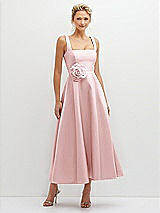 Front View Thumbnail - Ballet Pink Square Neck Satin Midi Dress with Full Skirt & Flower Sash