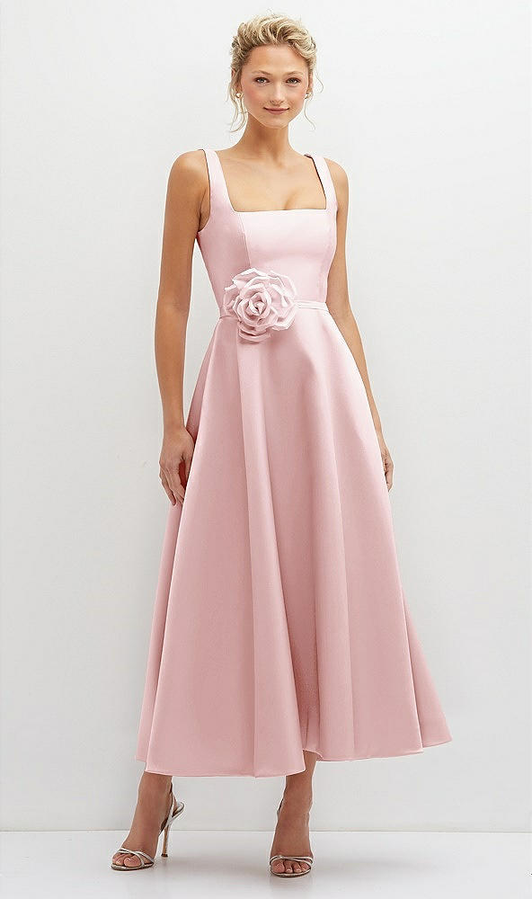 Front View - Ballet Pink Square Neck Satin Midi Dress with Full Skirt & Flower Sash