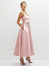 Side View Thumbnail - Ballet Pink Square Neck Satin Midi Dress with Full Skirt & Flower Sash