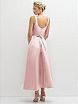 Rear View Thumbnail - Ballet Pink Square Neck Satin Midi Dress with Full Skirt & Flower Sash