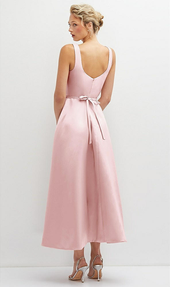 Back View - Ballet Pink Square Neck Satin Midi Dress with Full Skirt & Flower Sash