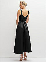 Rear View Thumbnail - Black Square Neck Satin Midi Dress with Full Skirt & Flower Sash