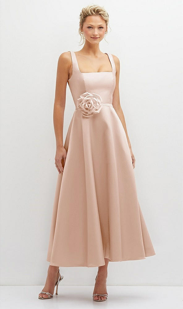 Front View - Cameo Square Neck Satin Midi Dress with Full Skirt & Flower Sash