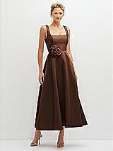 Front View Thumbnail - Cognac Square Neck Satin Midi Dress with Full Skirt & Flower Sash