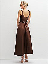 Rear View Thumbnail - Cognac Square Neck Satin Midi Dress with Full Skirt & Flower Sash