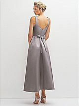 Rear View Thumbnail - Cashmere Gray Square Neck Satin Midi Dress with Full Skirt & Flower Sash