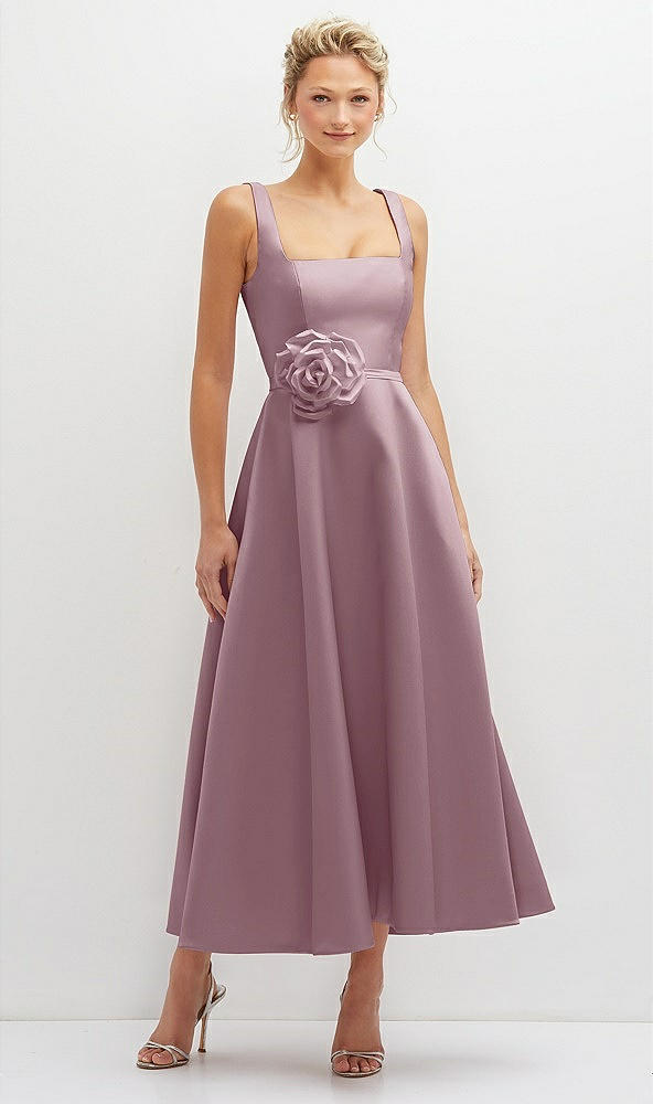 Front View - Dusty Rose Square Neck Satin Midi Dress with Full Skirt & Flower Sash