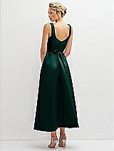 Rear View Thumbnail - Evergreen Square Neck Satin Midi Dress with Full Skirt & Flower Sash