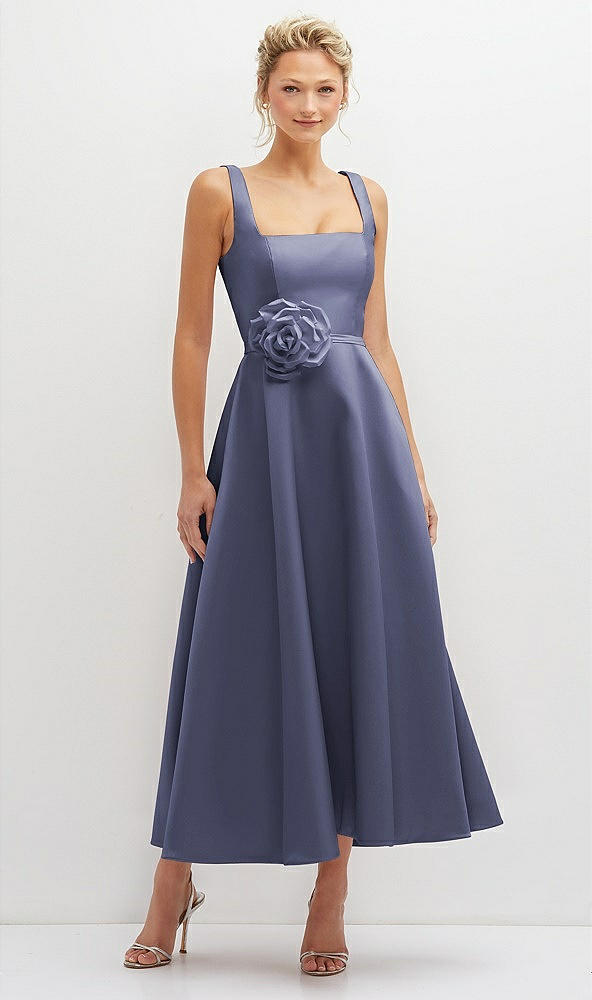Front View - French Blue Square Neck Satin Midi Dress with Full Skirt & Flower Sash