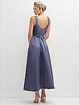 Rear View Thumbnail - French Blue Square Neck Satin Midi Dress with Full Skirt & Flower Sash