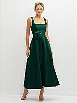 Front View Thumbnail - Hunter Green Square Neck Satin Midi Dress with Full Skirt & Flower Sash
