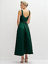 Rear View Thumbnail - Hunter Green Square Neck Satin Midi Dress with Full Skirt & Flower Sash