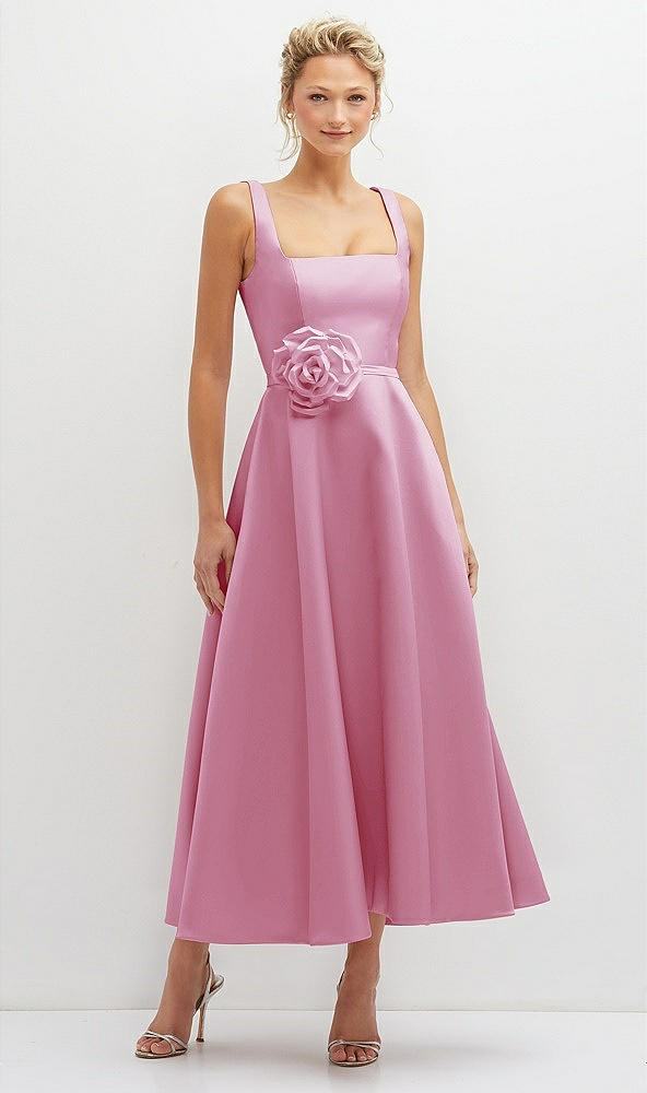 Front View - Powder Pink Square Neck Satin Midi Dress with Full Skirt & Flower Sash
