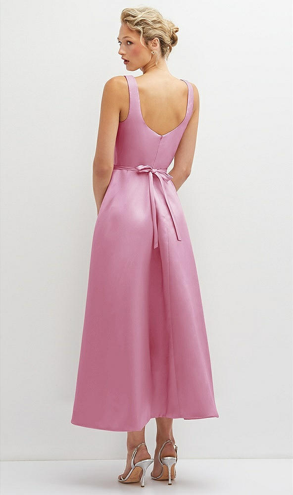 Back View - Powder Pink Square Neck Satin Midi Dress with Full Skirt & Flower Sash