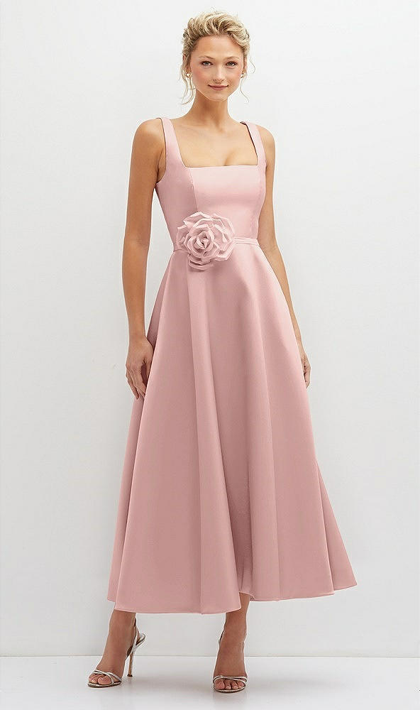 Front View - Rose - PANTONE Rose Quartz Square Neck Satin Midi Dress with Full Skirt & Flower Sash
