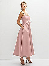 Side View Thumbnail - Rose - PANTONE Rose Quartz Square Neck Satin Midi Dress with Full Skirt & Flower Sash