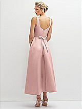 Rear View Thumbnail - Rose - PANTONE Rose Quartz Square Neck Satin Midi Dress with Full Skirt & Flower Sash