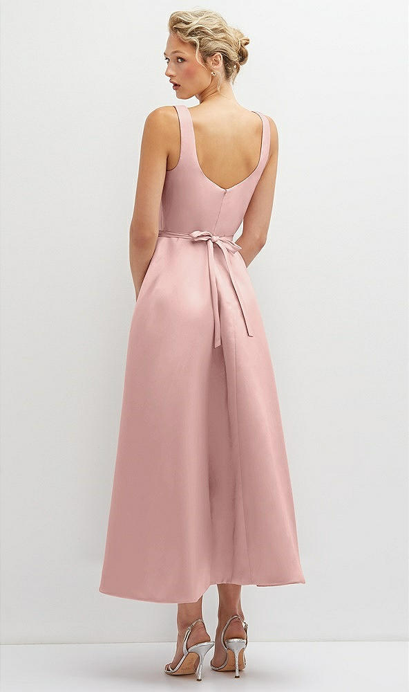 Back View - Rose - PANTONE Rose Quartz Square Neck Satin Midi Dress with Full Skirt & Flower Sash