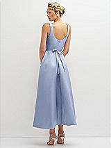 Rear View Thumbnail - Sky Blue Square Neck Satin Midi Dress with Full Skirt & Flower Sash