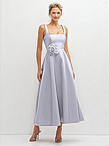 Front View Thumbnail - Silver Dove Square Neck Satin Midi Dress with Full Skirt & Flower Sash