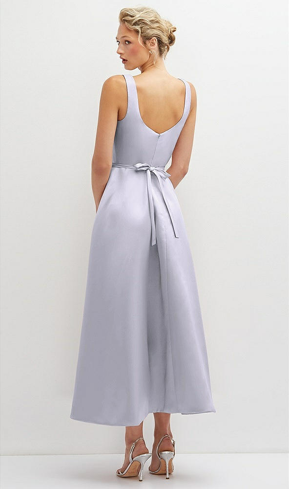 Back View - Silver Dove Square Neck Satin Midi Dress with Full Skirt & Flower Sash