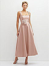 Front View Thumbnail - Toasted Sugar Square Neck Satin Midi Dress with Full Skirt & Flower Sash