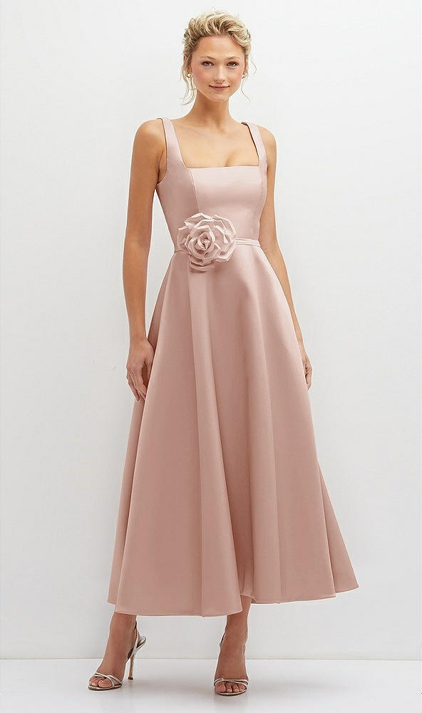 Front View - Toasted Sugar Square Neck Satin Midi Dress with Full Skirt & Flower Sash