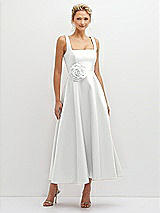 Front View Thumbnail - White Square Neck Satin Midi Dress with Full Skirt & Flower Sash