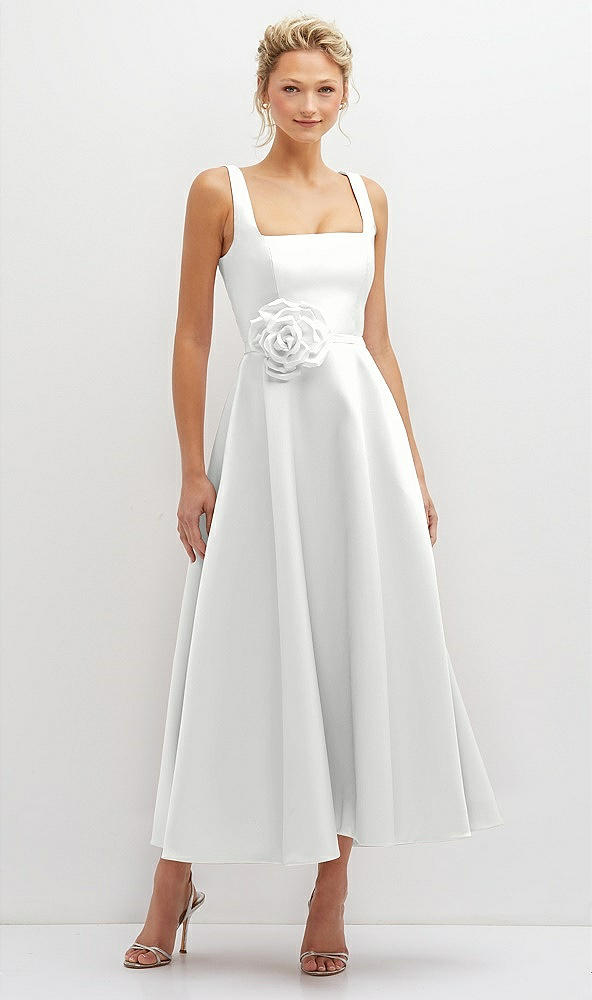 Front View - White Square Neck Satin Midi Dress with Full Skirt & Flower Sash