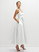 Side View Thumbnail - White Square Neck Satin Midi Dress with Full Skirt & Flower Sash