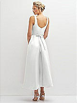 Rear View Thumbnail - White Square Neck Satin Midi Dress with Full Skirt & Flower Sash