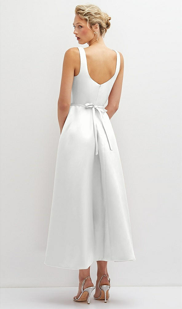 Back View - White Square Neck Satin Midi Dress with Full Skirt & Flower Sash