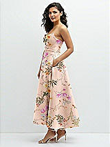 Side View Thumbnail - Butterfly Botanica Pink Sand Draped Bodice Strapless Floral Midi Dress with Full Circle Skirt