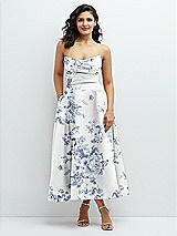 Front View Thumbnail - Cottage Rose Larkspur Draped Bodice Strapless Floral Midi Dress with Full Circle Skirt
