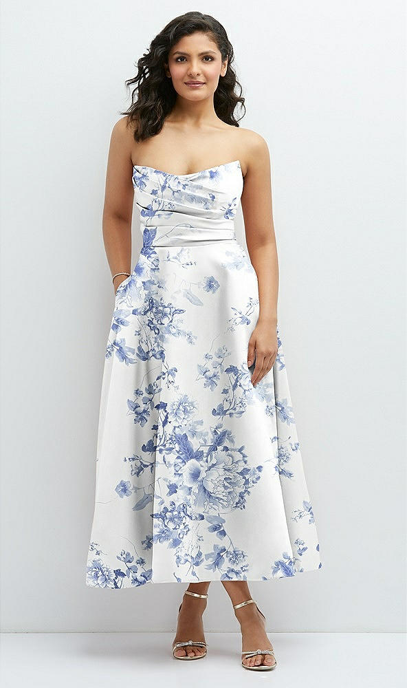 Front View - Cottage Rose Larkspur Draped Bodice Strapless Floral Midi Dress with Full Circle Skirt