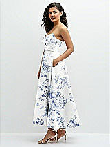 Side View Thumbnail - Cottage Rose Larkspur Draped Bodice Strapless Floral Midi Dress with Full Circle Skirt