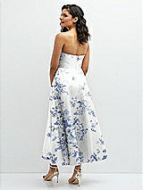 Rear View Thumbnail - Cottage Rose Larkspur Draped Bodice Strapless Floral Midi Dress with Full Circle Skirt