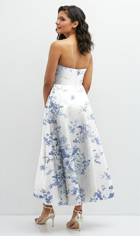 Back View - Cottage Rose Larkspur Draped Bodice Strapless Floral Midi Dress with Full Circle Skirt
