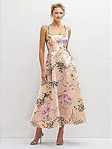 Front View Thumbnail - Butterfly Botanica Pink Sand Floral Square Neck Satin Midi Dress with Full Skirt & Pockets