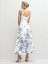 Rear View Thumbnail - Cottage Rose Larkspur Floral Square Neck Satin Midi Dress with Full Skirt & Pockets