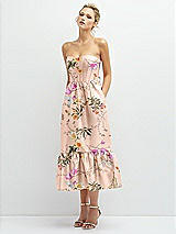 Alt View 1 Thumbnail - Butterfly Botanica Pink Sand Floral Satin Strapless Midi Corset Dress with Lace-Up Back & Ruffle Hem