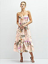 Front View Thumbnail - Butterfly Botanica Pink Sand Floral Satin Strapless Midi Corset Dress with Lace-Up Back & Ruffle Hem