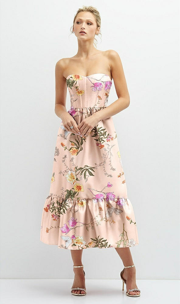 Front View - Butterfly Botanica Pink Sand Floral Satin Strapless Midi Corset Dress with Lace-Up Back & Ruffle Hem