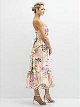 Side View Thumbnail - Butterfly Botanica Pink Sand Floral Satin Strapless Midi Corset Dress with Lace-Up Back & Ruffle Hem