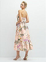 Rear View Thumbnail - Butterfly Botanica Pink Sand Floral Satin Strapless Midi Corset Dress with Lace-Up Back & Ruffle Hem