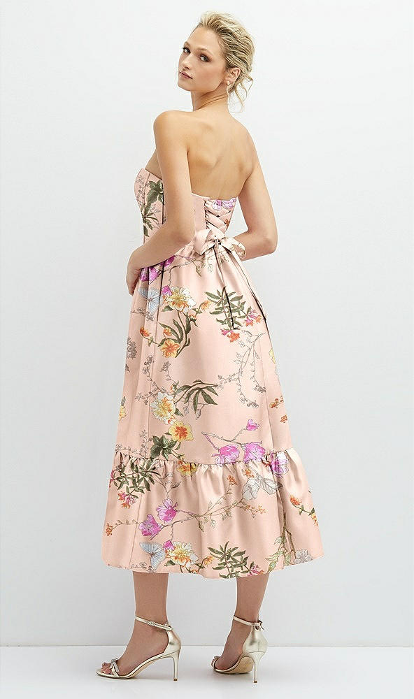 Back View - Butterfly Botanica Pink Sand Floral Satin Strapless Midi Corset Dress with Lace-Up Back & Ruffle Hem