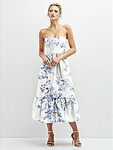 Front View Thumbnail - Cottage Rose Larkspur Floral Satin Strapless Midi Corset Dress with Lace-Up Back & Ruffle Hem