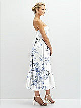 Side View Thumbnail - Cottage Rose Larkspur Floral Satin Strapless Midi Corset Dress with Lace-Up Back & Ruffle Hem