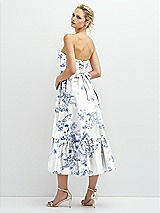 Rear View Thumbnail - Cottage Rose Larkspur Floral Satin Strapless Midi Corset Dress with Lace-Up Back & Ruffle Hem